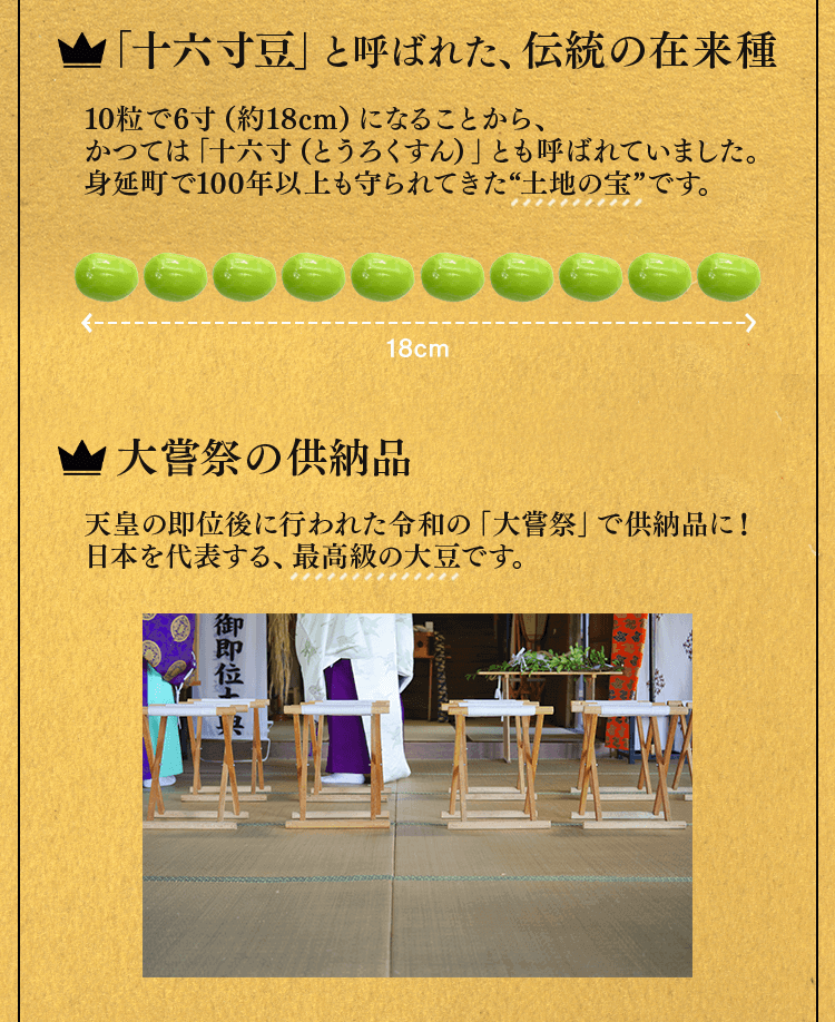 伝統の在来種で大嘗祭にも供納されたうりぼうの里あけぼの大豆の枝豆