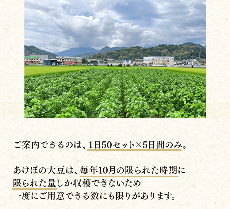 うりぼうの里あけぼの大豆の枝豆は収穫量が限られる希少な枝豆