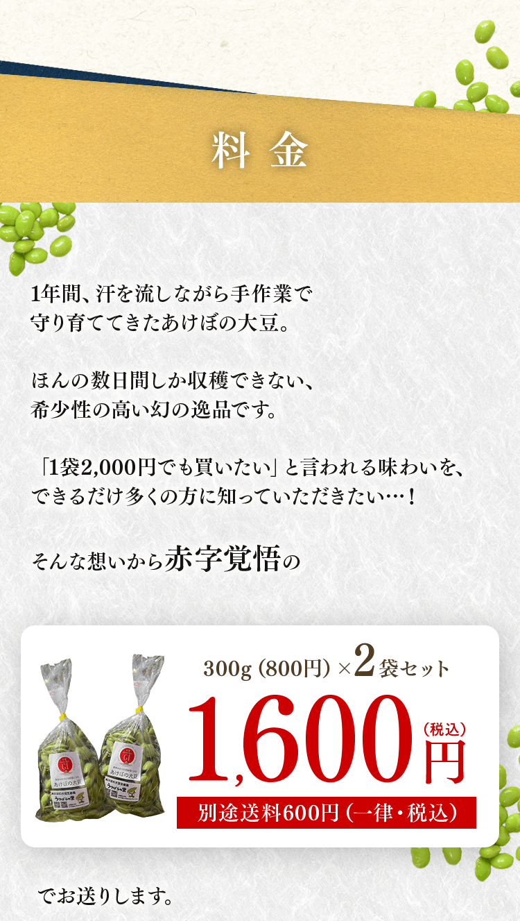 希少なうりぼうの里あけぼの大豆枝豆2袋セット1600円の料金案内